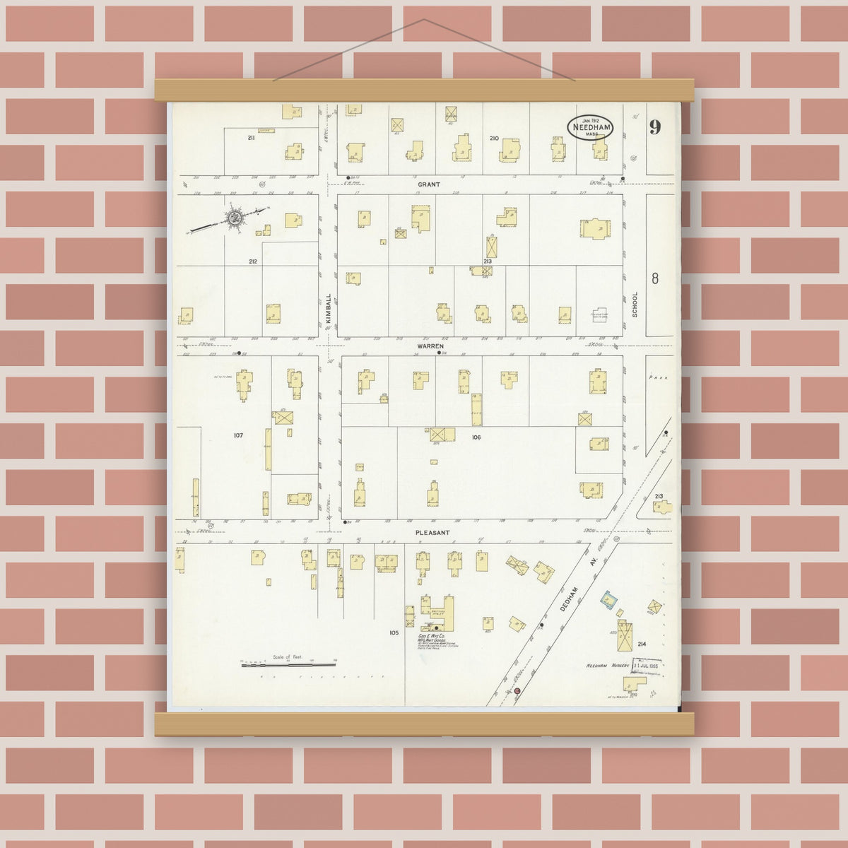 Old map wall art mockup — magnetic wood frame on brick wall — Sanborn Fire Insurance Map from Needham, Norfolk County, Massachusetts (1912), Sheet #0009