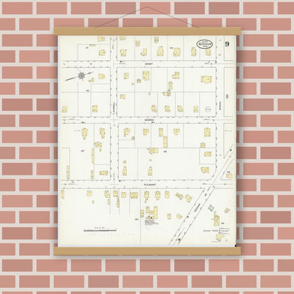 Old map wall art mockup — magnetic wood frame on brick wall — Sanborn Fire Insurance Map from Needham, Norfolk County, Massachusetts (1912), Sheet #0009