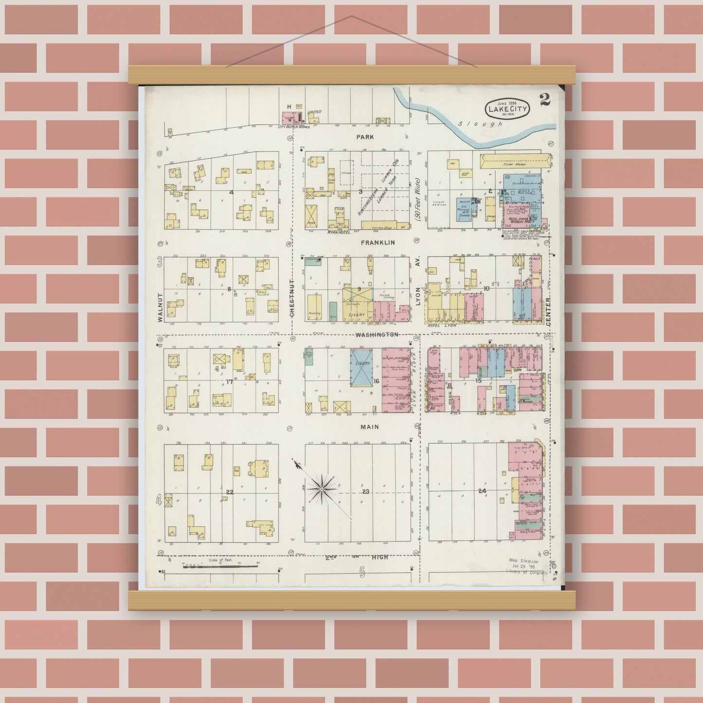 Old map wall art mockup — magnetic wood frame on brick wall — Sanborn Fire Insurance Map from Lake City, Wabasha County, Minnesota (1894), Sheet #0002