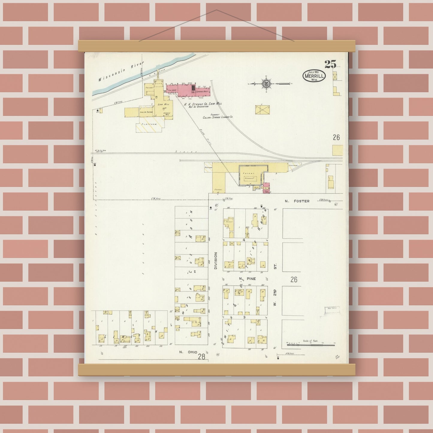 Old map wall art mockup — magnetic wood frame on brick wall — Sanborn Fire Insurance Map from Merrill, Lincoln County, Wisconsin (1913), Sheet #0025