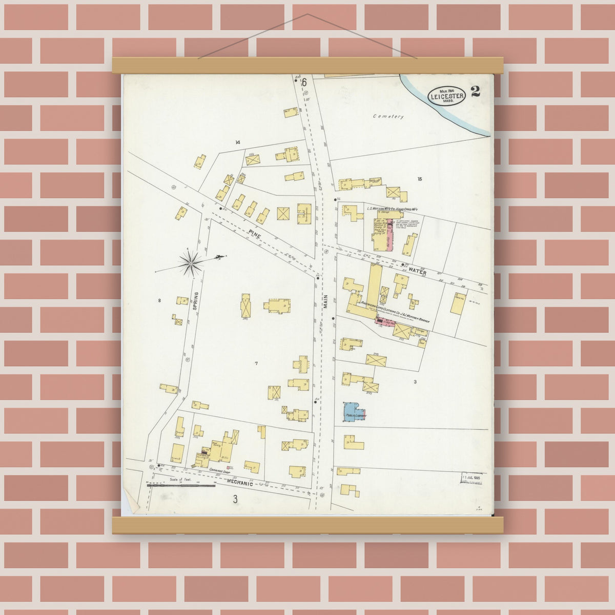Old map wall art mockup — magnetic wood frame on brick wall — Sanborn Fire Insurance Map from Leicester, Worcester County, Massachusetts (1904), Sheet #0002