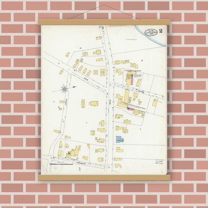 Old map wall art mockup — magnetic wood frame on brick wall — Sanborn Fire Insurance Map from Leicester, Worcester County, Massachusetts (1904), Sheet #0002