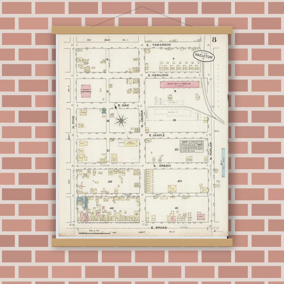 Old map wall art mockup — magnetic wood frame on brick wall — Sanborn Fire Insurance Map from Hazleton, Luzerne County, Pennsylvania (1884), Sheet #0008