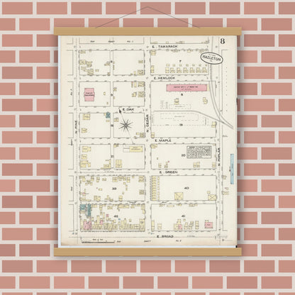 Old map wall art mockup — magnetic wood frame on brick wall — Sanborn Fire Insurance Map from Hazleton, Luzerne County, Pennsylvania (1884), Sheet #0008