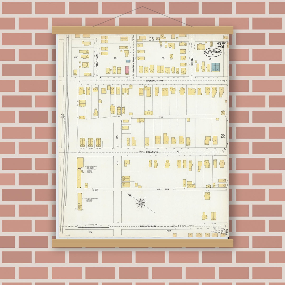 Old map wall art mockup — magnetic wood frame on brick wall — Sanborn Fire Insurance Map from Pittston, Luzerne County, Pennsylvania (1903), Sheet #0027