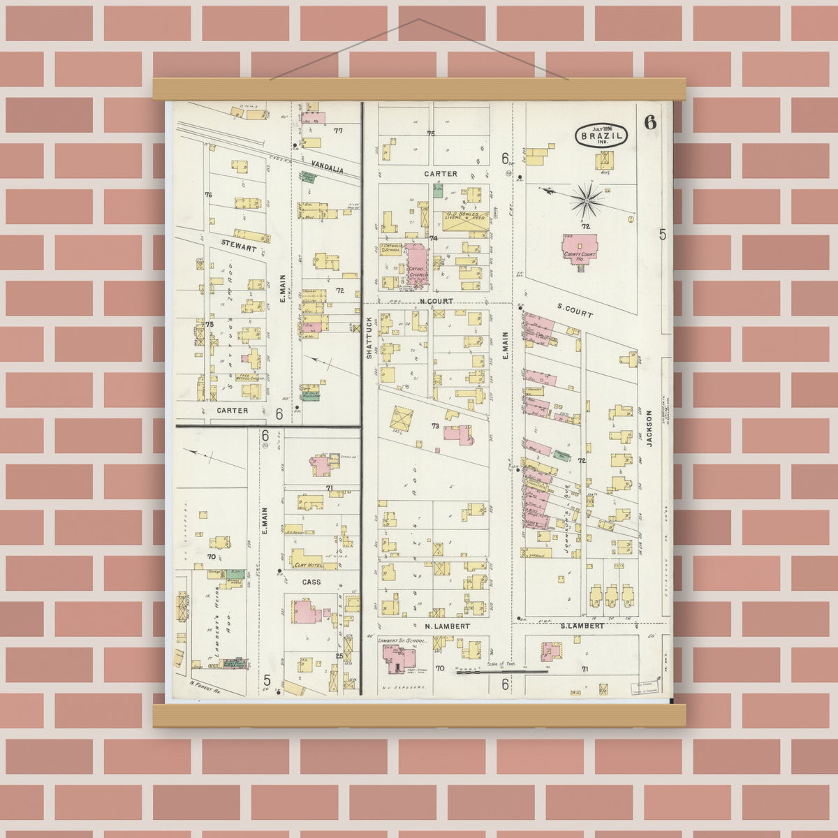 Old map wall art mockup — magnetic wood frame on brick wall — Sanborn Fire Insurance Map from Brazil, Clay County, Indiana (1896), Sheet #0006