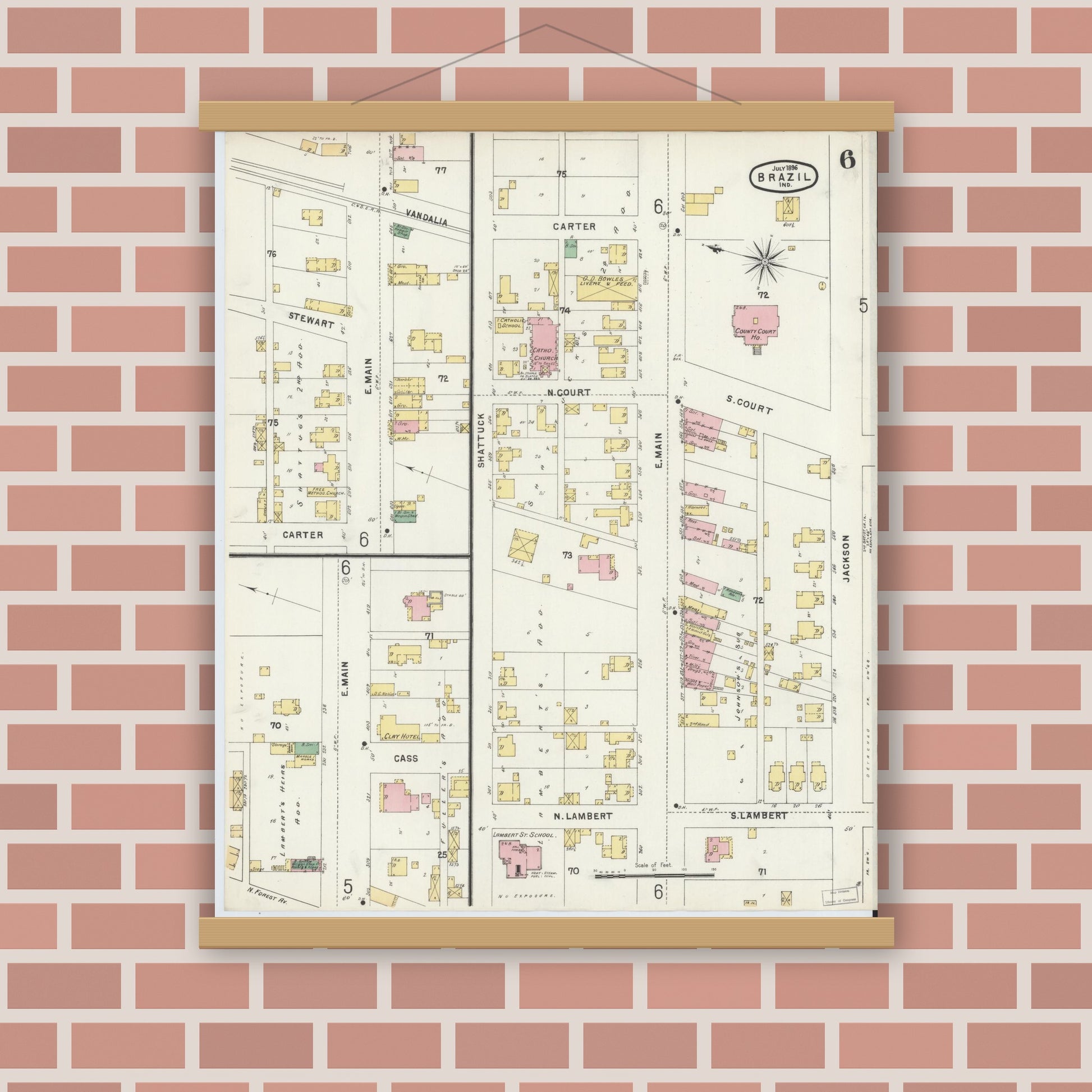 Old map wall art mockup — magnetic wood frame on brick wall — Sanborn Fire Insurance Map from Brazil, Clay County, Indiana (1896), Sheet #0006