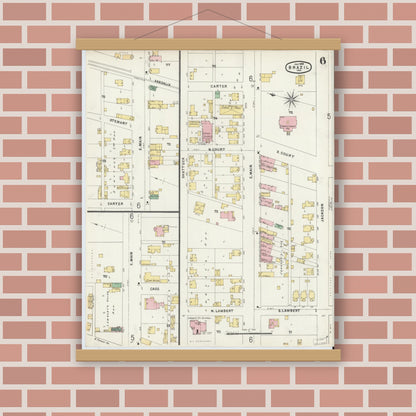 Old map wall art mockup — magnetic wood frame on brick wall — Sanborn Fire Insurance Map from Brazil, Clay County, Indiana (1896), Sheet #0006
