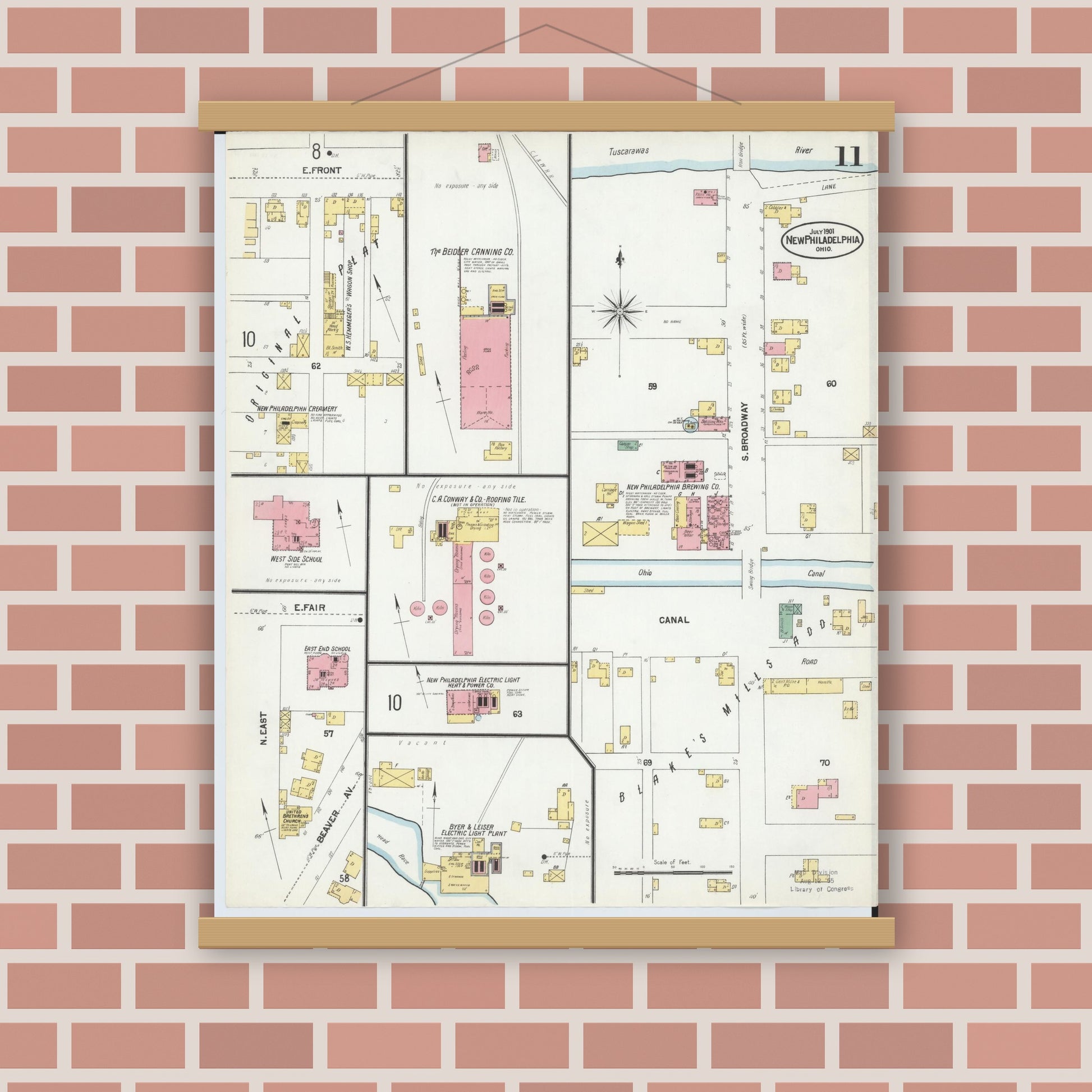 Old map wall art mockup — magnetic wood frame on brick wall — Sanborn Fire Insurance Map from New Philadelphia, Tuscarawas County, Ohio (1901), Sheet #0011