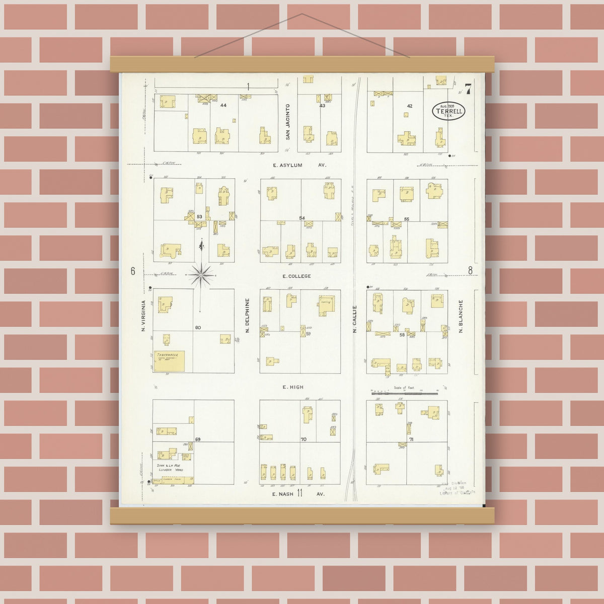 Old map wall art mockup — magnetic wood frame on brick wall — Sanborn Fire Insurance Map from Terrell, Kaufman County, Texas (1909), Sheet #0007