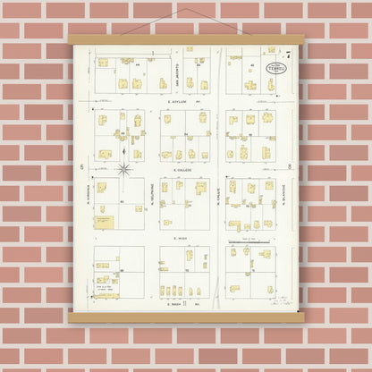 Old map wall art mockup — magnetic wood frame on brick wall — Sanborn Fire Insurance Map from Terrell, Kaufman County, Texas (1909), Sheet #0007
