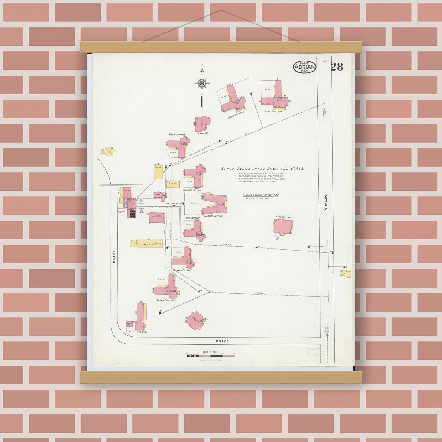 Old map wall art mockup — magnetic wood frame on brick wall — Sanborn Fire Insurance Map from Adrian, Lenawee County, Michigan (1916), Sheet #0028