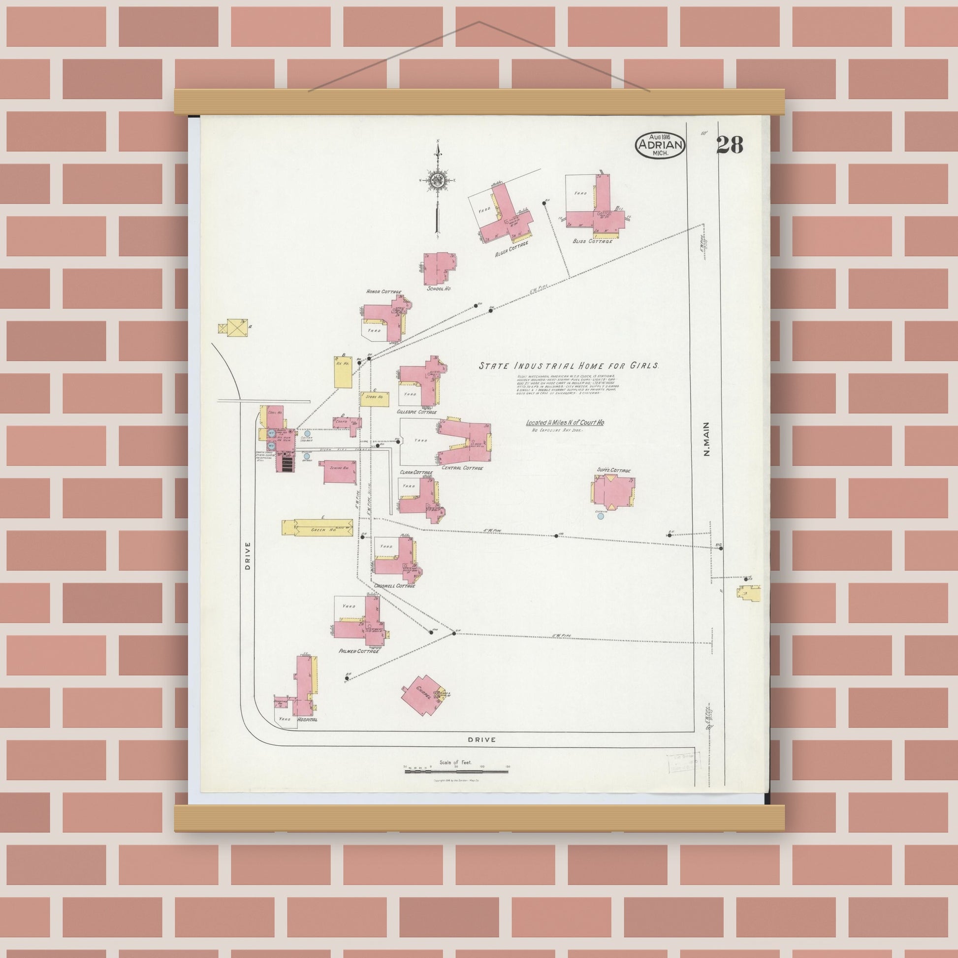 Old map wall art mockup — magnetic wood frame on brick wall — Sanborn Fire Insurance Map from Adrian, Lenawee County, Michigan (1916), Sheet #0028