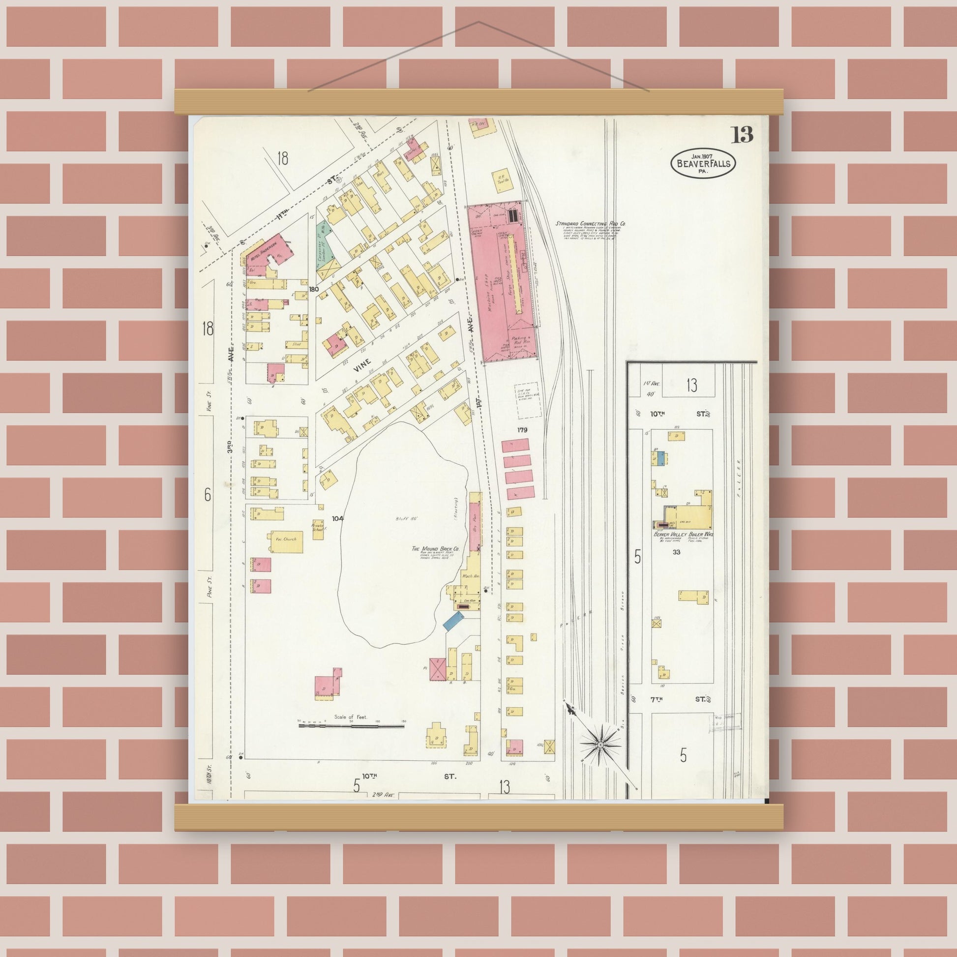 Old map wall art mockup — magnetic wood frame on brick wall — Sanborn Fire Insurance Map from Beaver Falls, Beaver County, Pennsylvania (1907), Sheet #0013