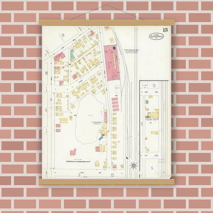 Old map wall art mockup — magnetic wood frame on brick wall — Sanborn Fire Insurance Map from Beaver Falls, Beaver County, Pennsylvania (1907), Sheet #0013