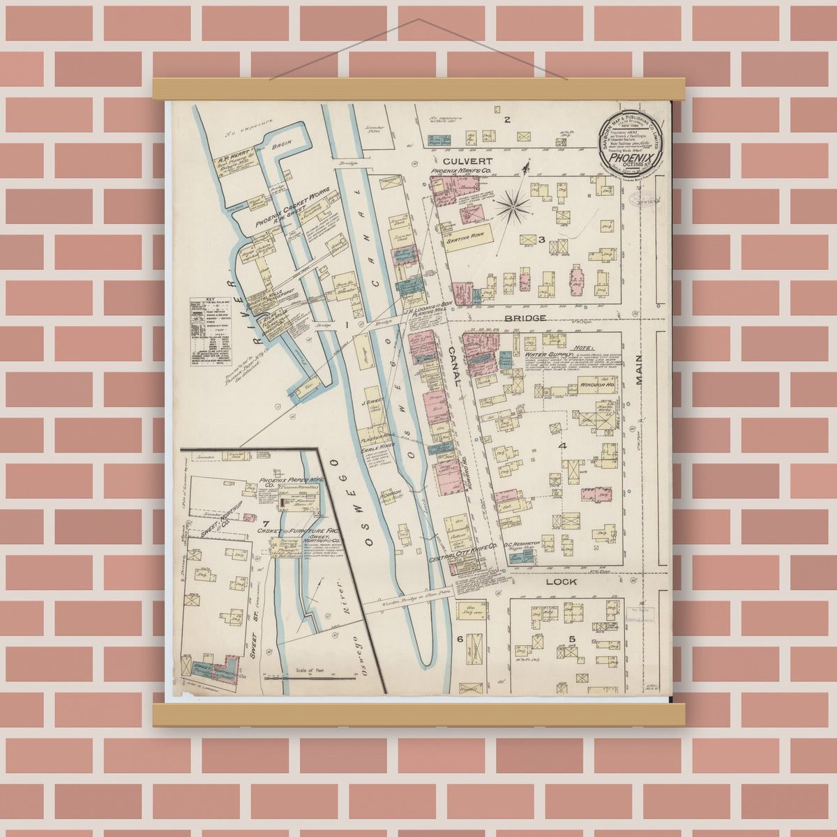 Old map wall art mockup — magnetic wood frame on brick wall — Sanborn Fire Insurance Map from Phoenix, Oswego County, New York (1885), Sheet #0001
