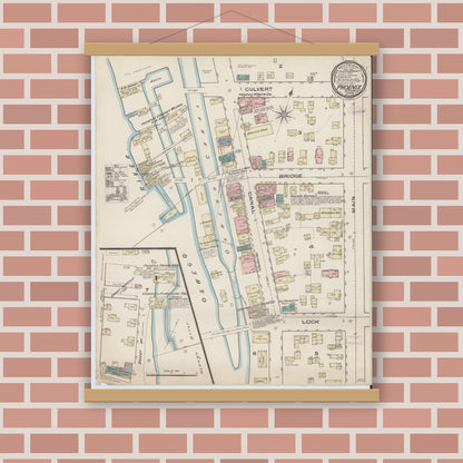 Old map wall art mockup — magnetic wood frame on brick wall — Sanborn Fire Insurance Map from Phoenix, Oswego County, New York (1885), Sheet #0001