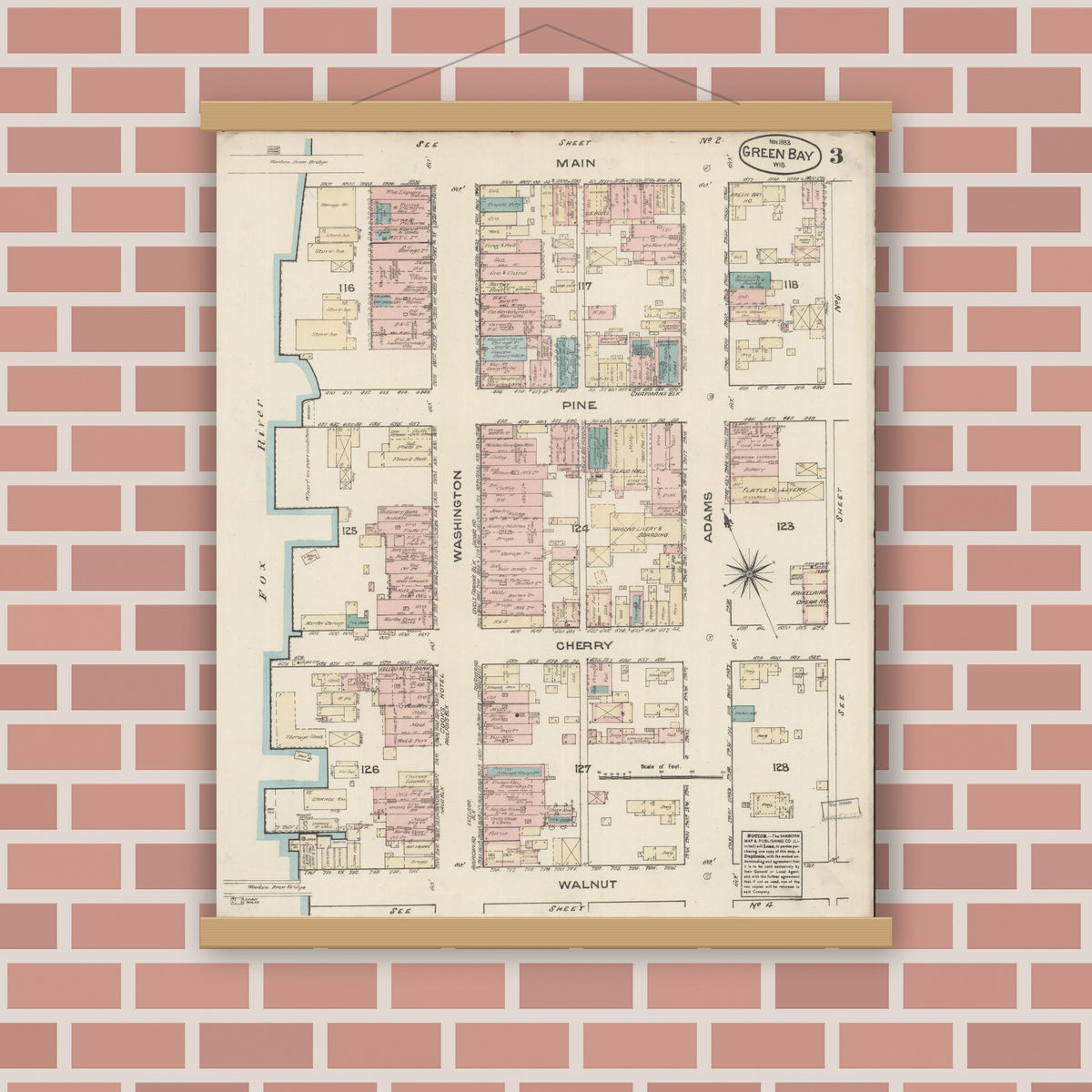 Old map wall art mockup — magnetic wood frame on brick wall — Sanborn Fire Insurance Map from Green Bay, Brown County, Wisconsin (1883), Sheet #0003