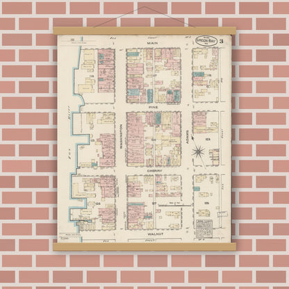 Old map wall art mockup — magnetic wood frame on brick wall — Sanborn Fire Insurance Map from Green Bay, Brown County, Wisconsin (1883), Sheet #0003