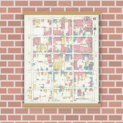 Old map wall art mockup — magnetic wood frame on brick wall — Sanborn Fire Insurance Map from Laredo, Webb County, Texas (1916), Sheet #0012