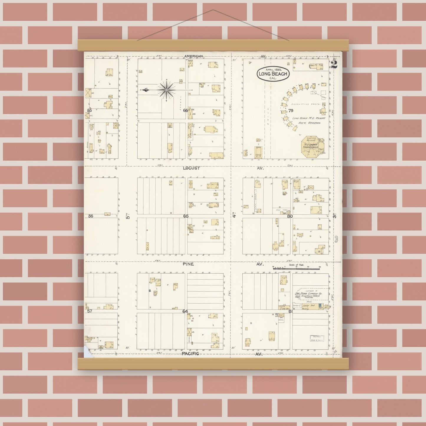 Old map wall art mockup — magnetic wood frame on brick wall — Sanborn Fire Insurance Map from Long Beach, Los Angeles County, California (1895), Sheet #0002