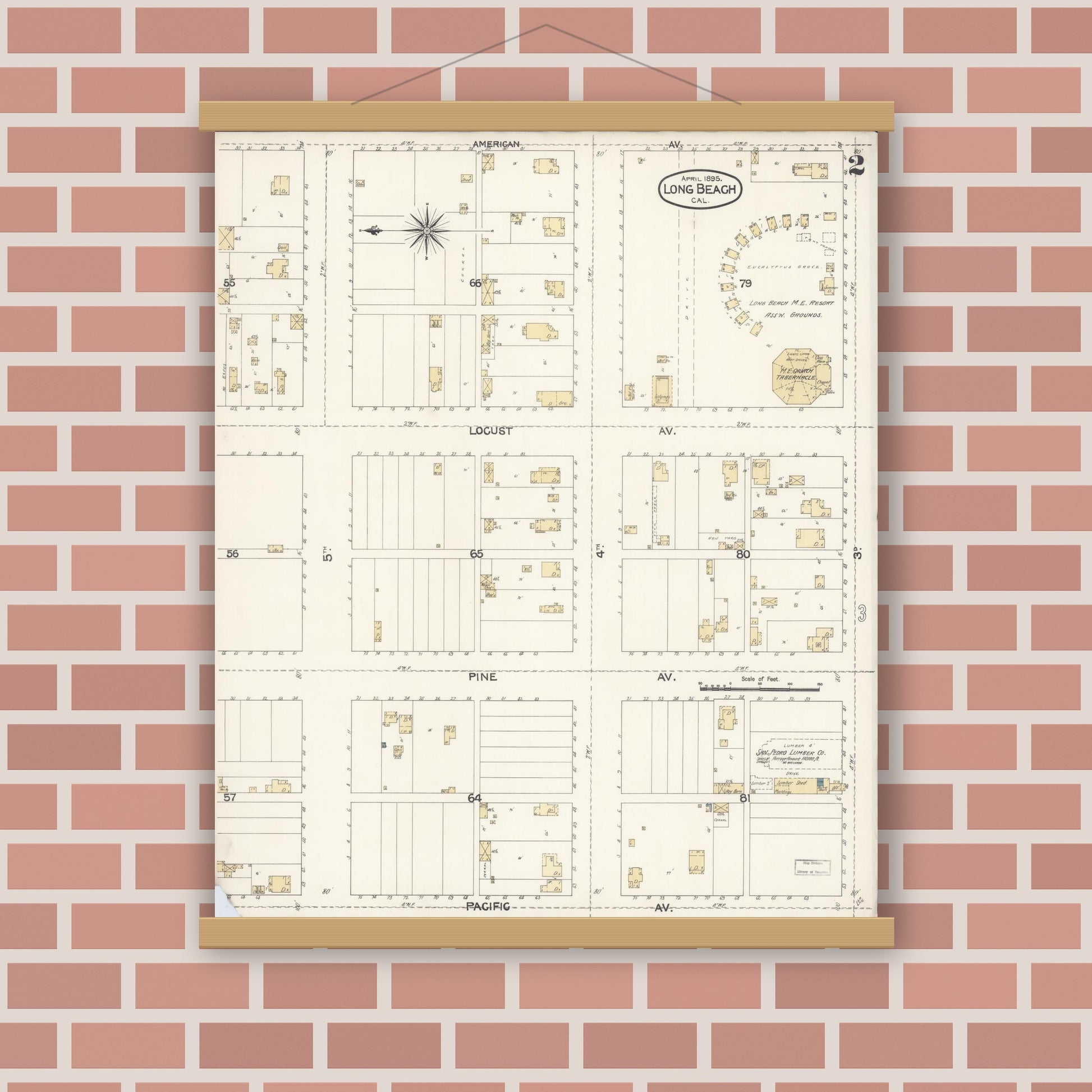 Old map wall art mockup — magnetic wood frame on brick wall — Sanborn Fire Insurance Map from Long Beach, Los Angeles County, California (1895), Sheet #0002