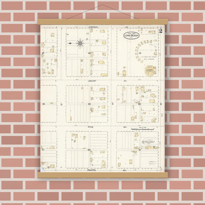 Old map wall art mockup — magnetic wood frame on brick wall — Sanborn Fire Insurance Map from Long Beach, Los Angeles County, California (1895), Sheet #0002