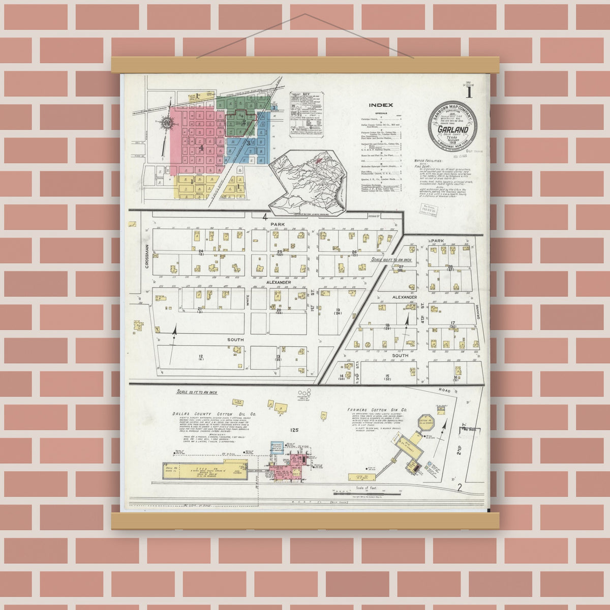 Old map wall art mockup — magnetic wood frame on brick wall — Sanborn Fire Insurance Map from Garland, Dallas County, Texas (1919) - Complete Map Set
