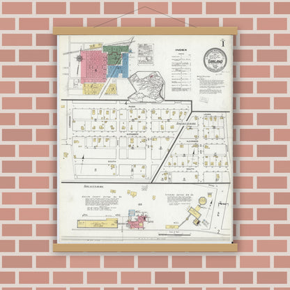 Old map wall art mockup — magnetic wood frame on brick wall — Sanborn Fire Insurance Map from Garland, Dallas County, Texas (1919) - Complete Map Set
