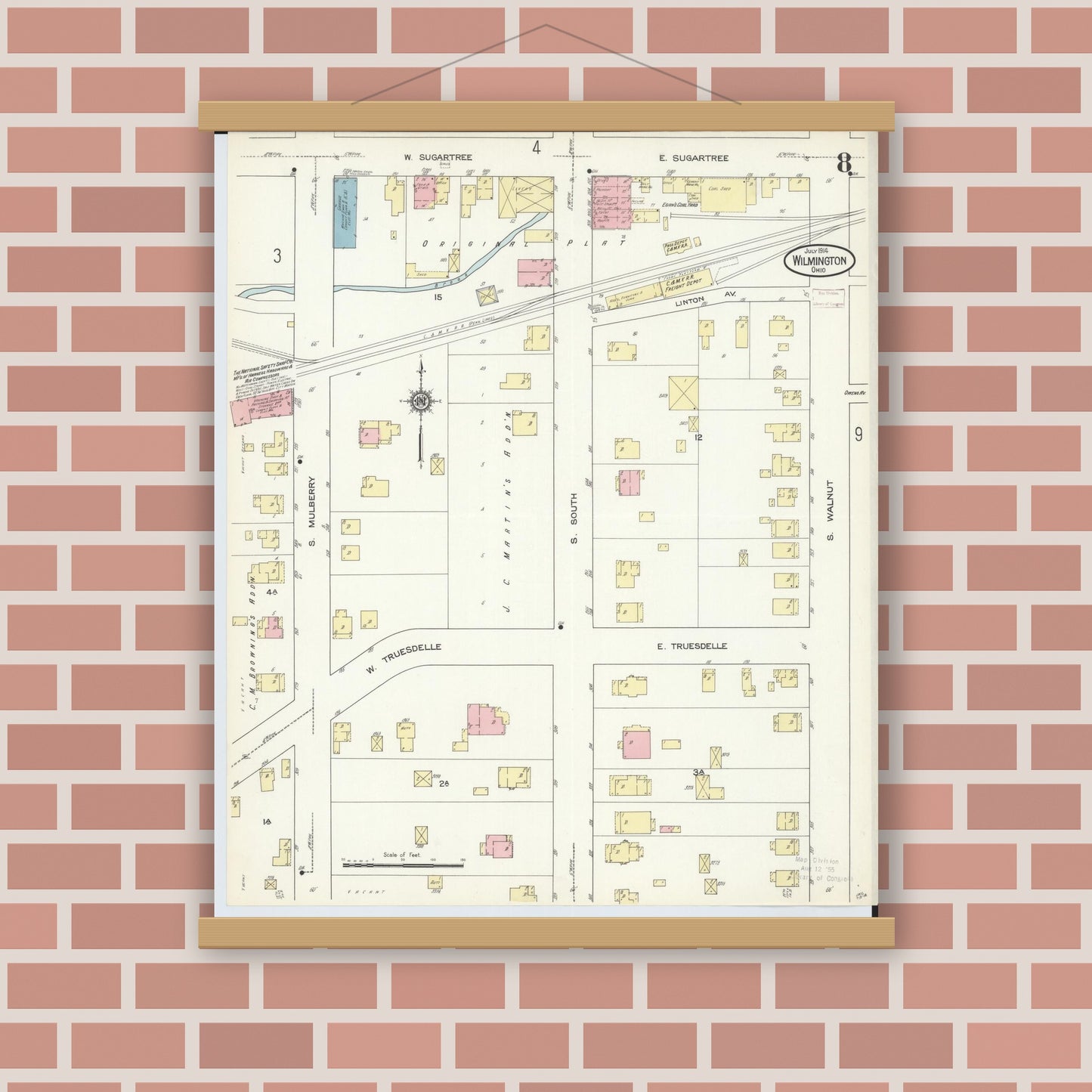 Old map wall art mockup — magnetic wood frame on brick wall — Sanborn Fire Insurance Map from Wilmington, Clinton County, Ohio (1914), Sheet #0008
