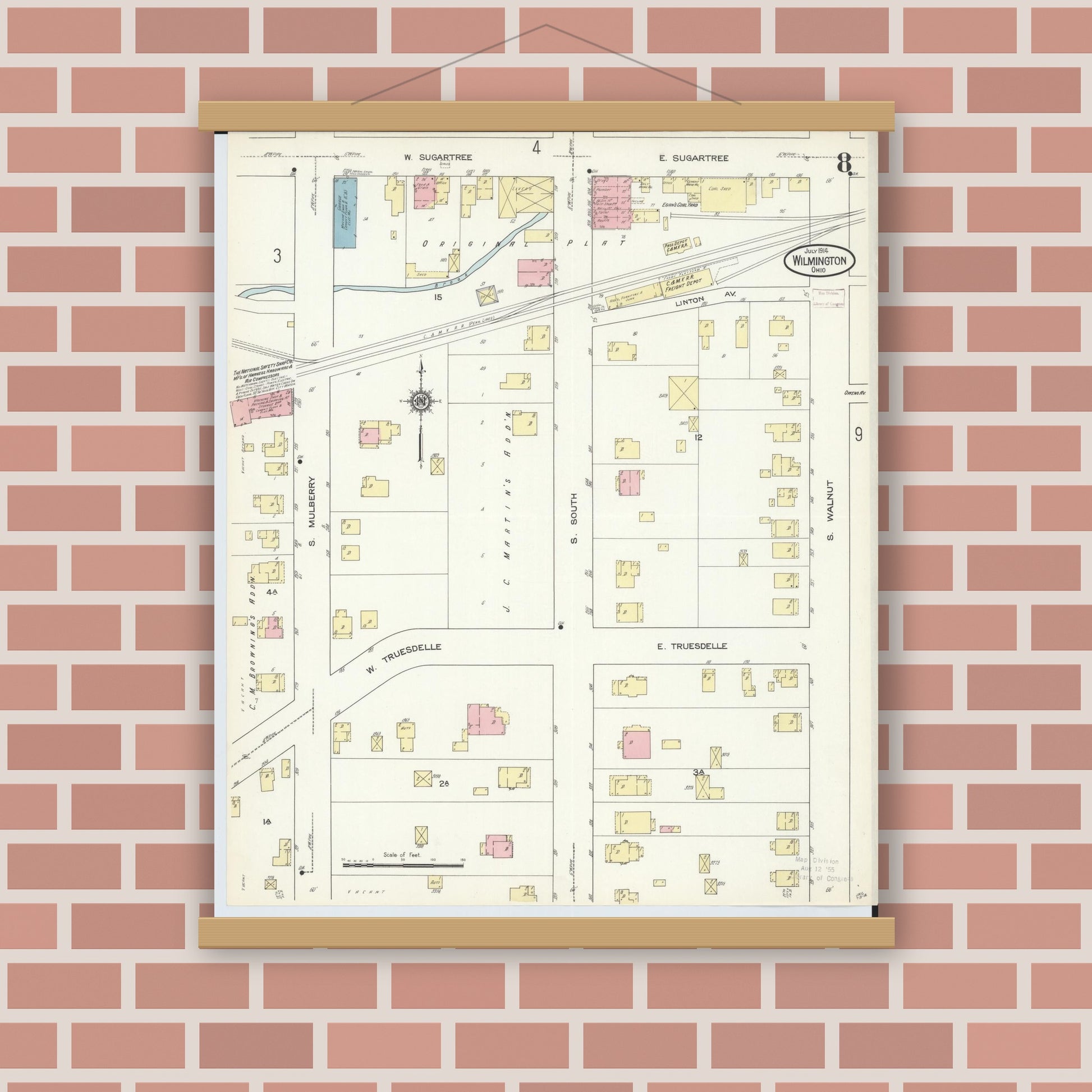 Old map wall art mockup — magnetic wood frame on brick wall — Sanborn Fire Insurance Map from Wilmington, Clinton County, Ohio (1914), Sheet #0008