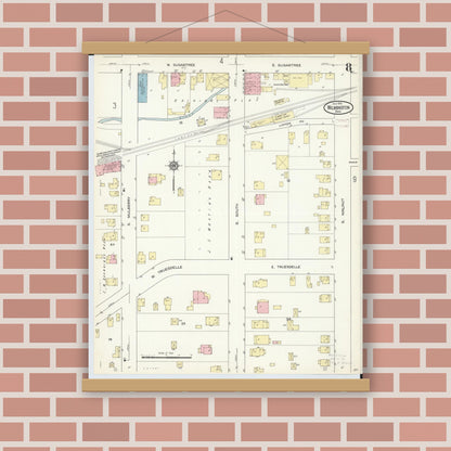 Old map wall art mockup — magnetic wood frame on brick wall — Sanborn Fire Insurance Map from Wilmington, Clinton County, Ohio (1914), Sheet #0008
