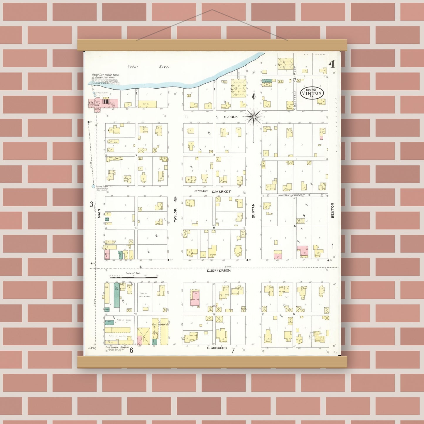 Old map wall art mockup — magnetic wood frame on brick wall — Sanborn Fire Insurance Map from Vinton, Benton County, Iowa (1906), Sheet #0004