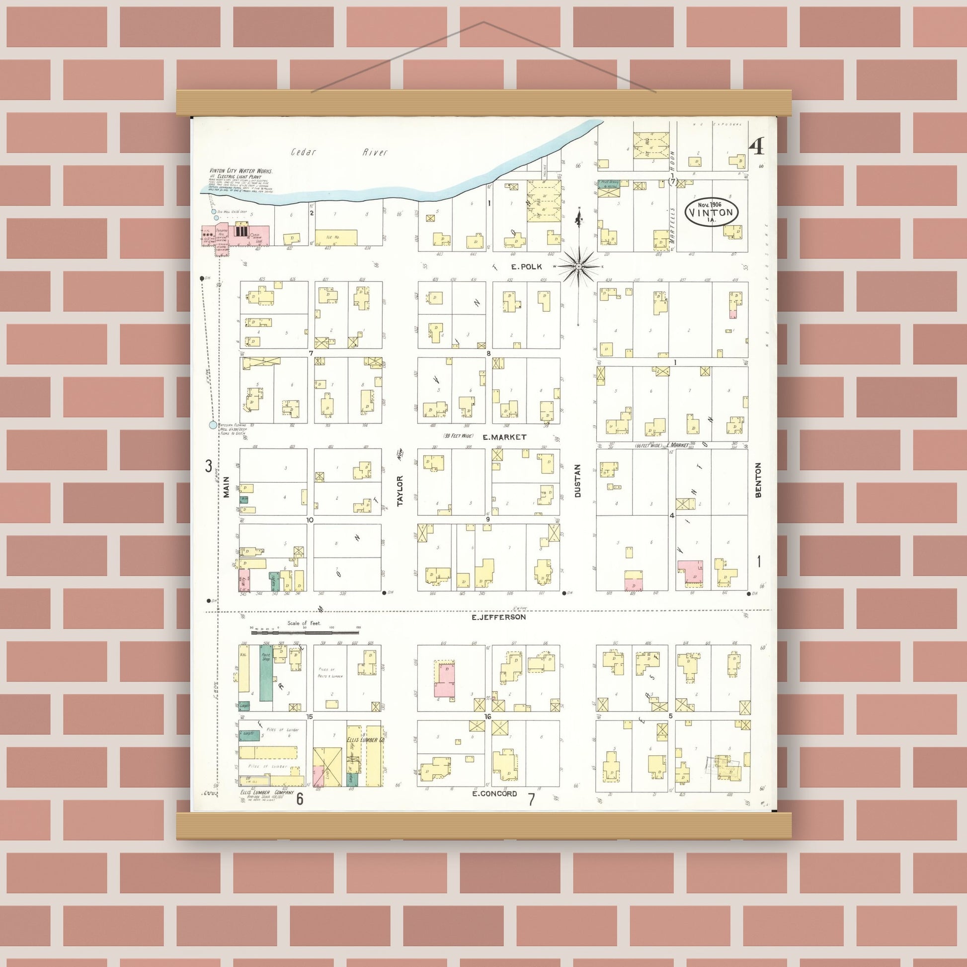 Old map wall art mockup — magnetic wood frame on brick wall — Sanborn Fire Insurance Map from Vinton, Benton County, Iowa (1906), Sheet #0004