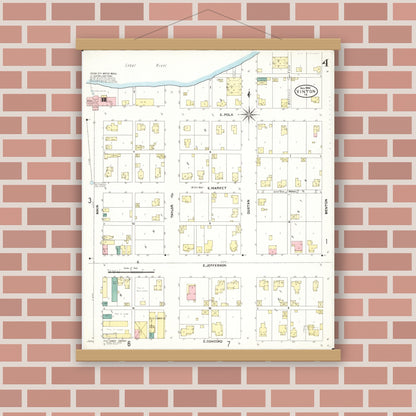 Old map wall art mockup — magnetic wood frame on brick wall — Sanborn Fire Insurance Map from Vinton, Benton County, Iowa (1906), Sheet #0004