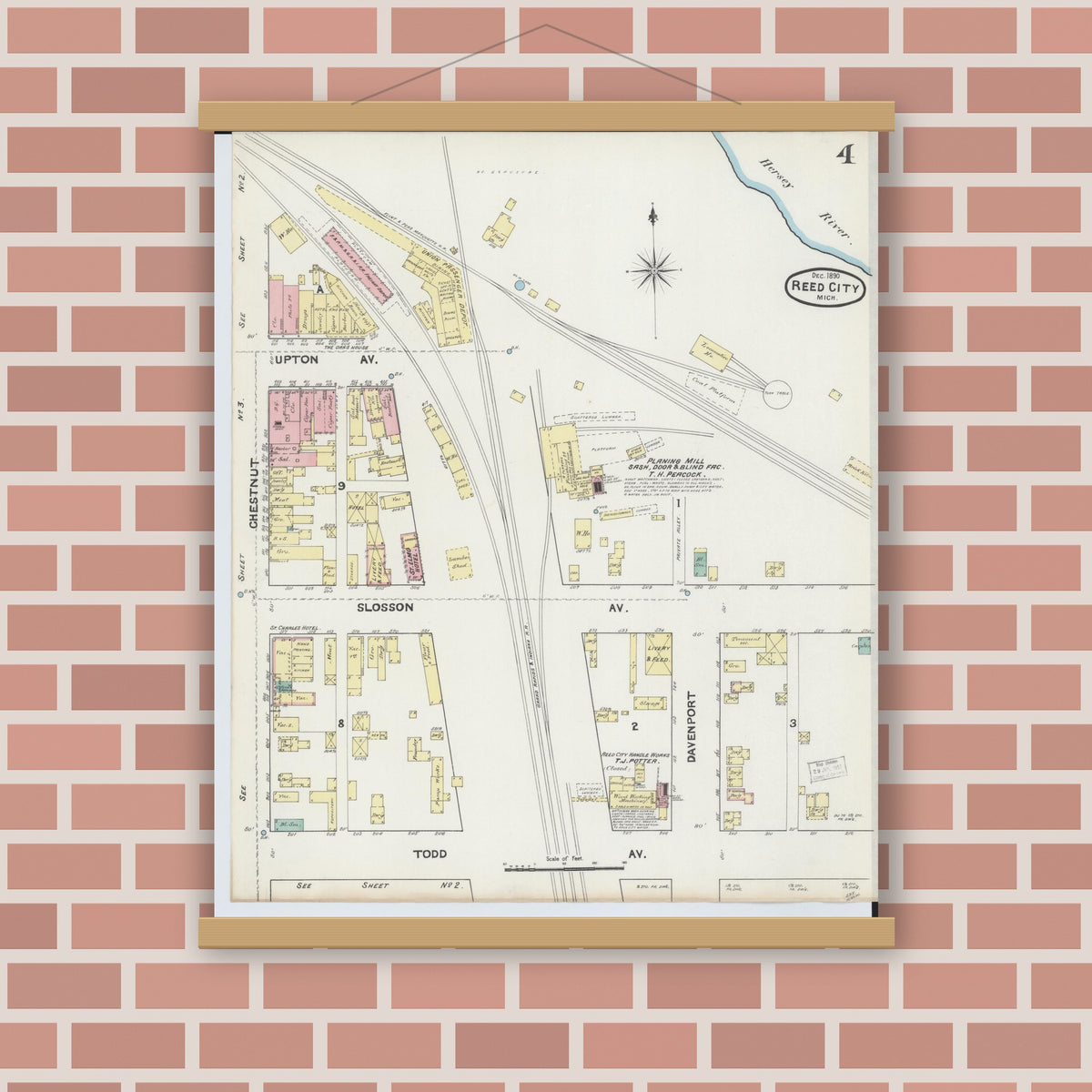 Old map wall art mockup — magnetic wood frame on brick wall — Sanborn Fire Insurance Map from Reed City, Osceola County, Michigan (1890), Sheet #0004