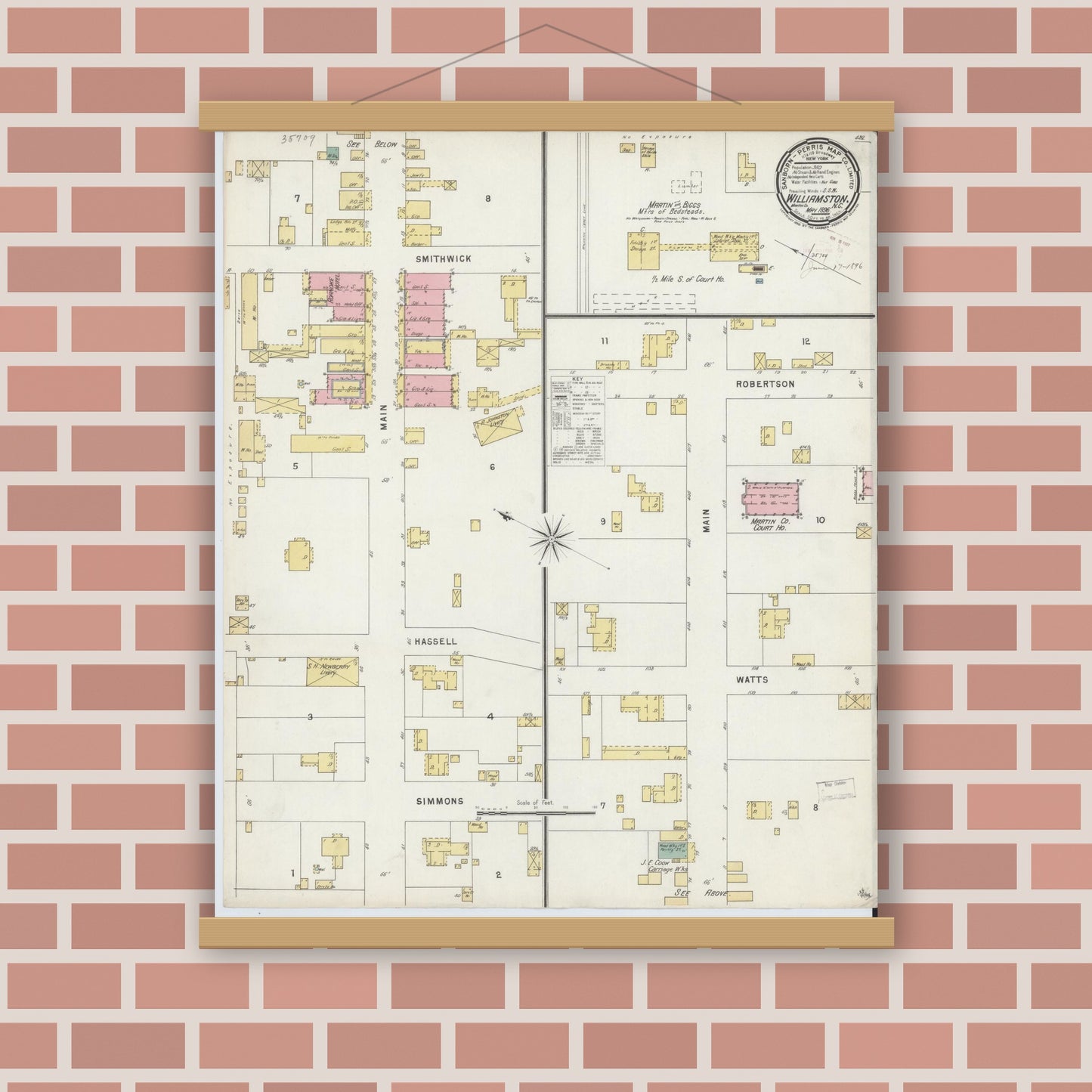 Old map wall art mockup — magnetic wood frame on brick wall — Sanborn Fire Insurance Map from Williamston, Martin County, North Carolina (1896), Sheet #0001