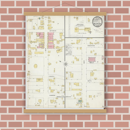 Old map wall art mockup — magnetic wood frame on brick wall — Sanborn Fire Insurance Map from Williamston, Martin County, North Carolina (1896), Sheet #0001