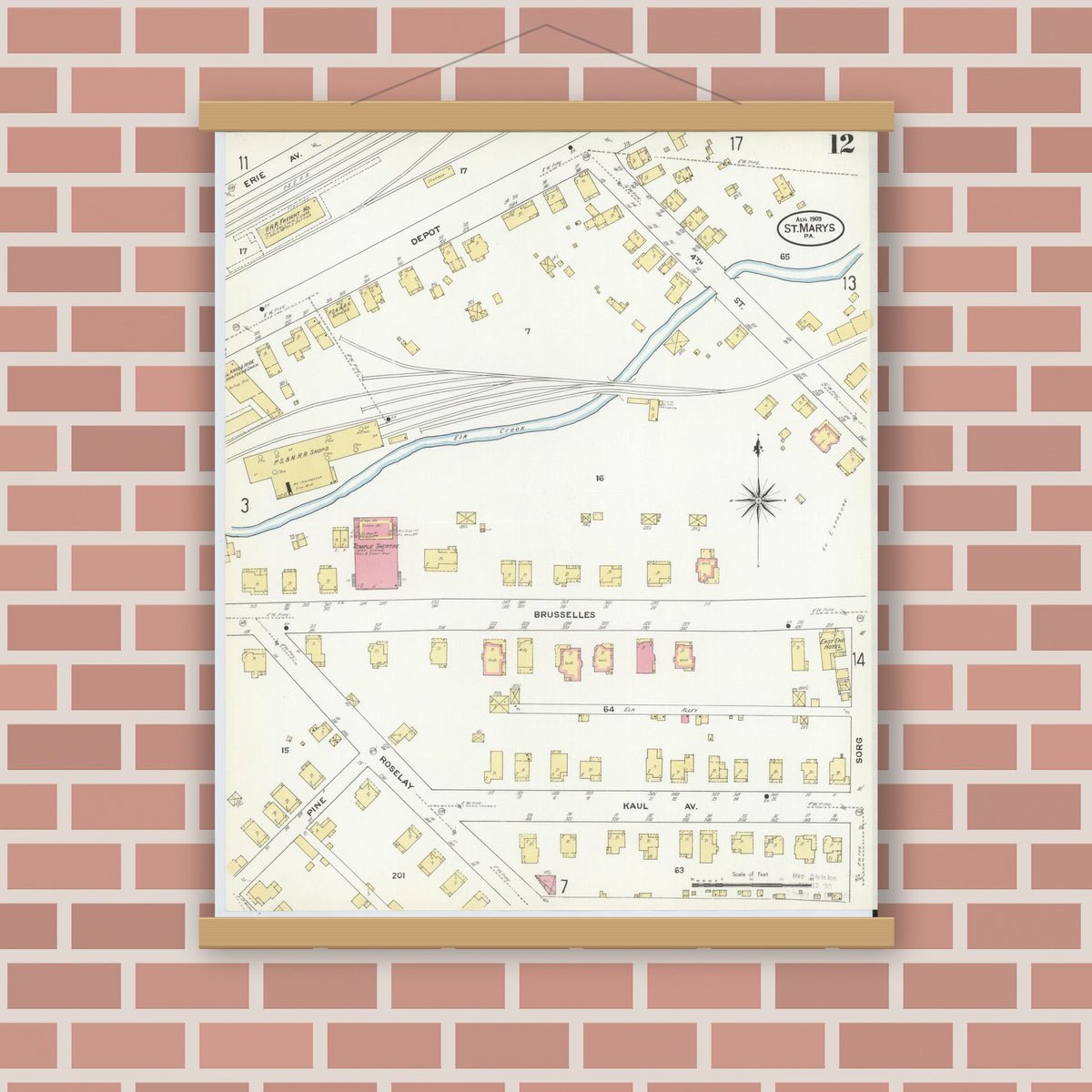 Old map wall art mockup — magnetic wood frame on brick wall — Sanborn Fire Insurance Map from Saint Marys, Elk County, Pennsylvania (1909), Sheet #0012
