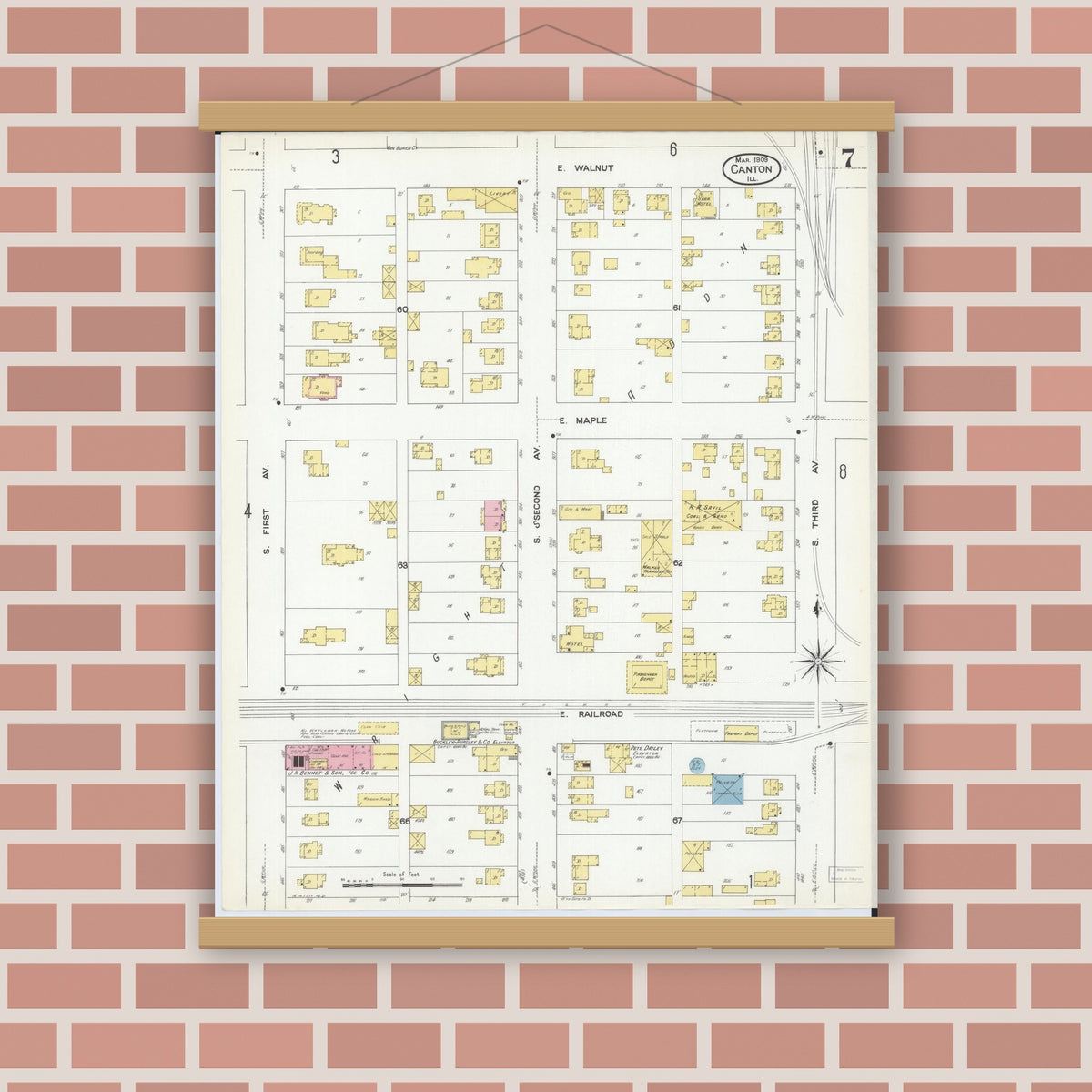Old map wall art mockup — magnetic wood frame on brick wall — Sanborn Fire Insurance Map from Canton, Fulton County, Illinois (1909), Sheet #0007