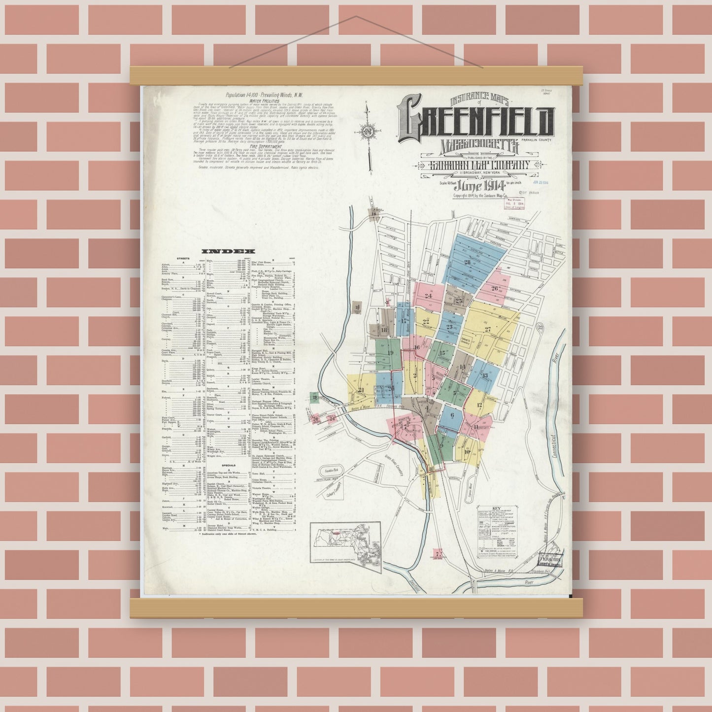 Old map wall art mockup — magnetic wood frame on brick wall — Sanborn Fire Insurance Map from Greenfield, Franklin County, Massachusetts (1914) - Complete Map Set