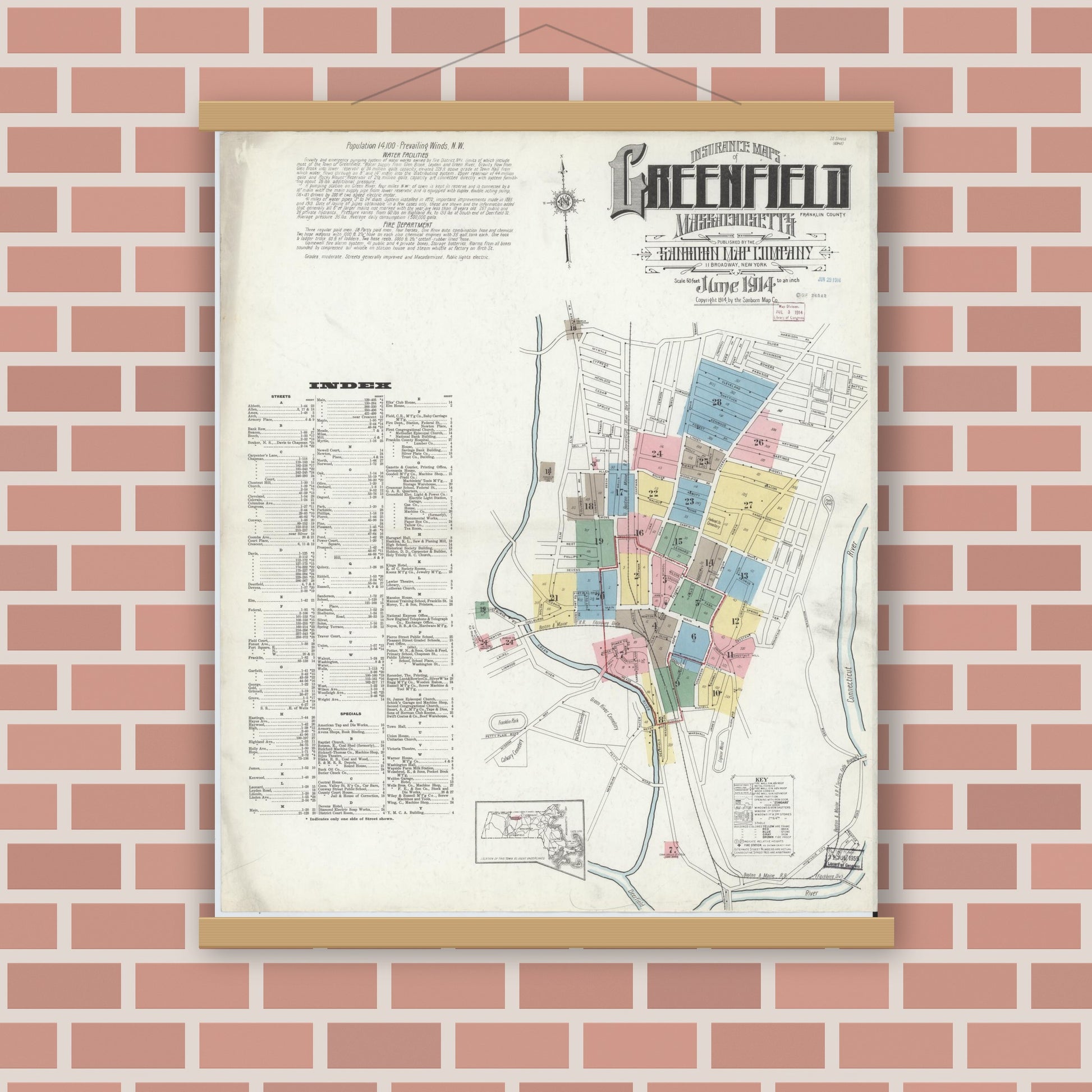 Old map wall art mockup — magnetic wood frame on brick wall — Sanborn Fire Insurance Map from Greenfield, Franklin County, Massachusetts (1914) - Complete Map Set