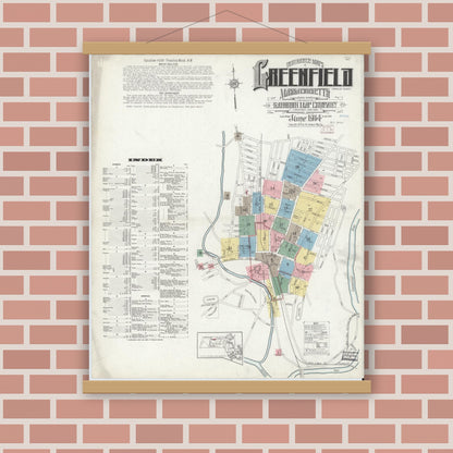 Old map wall art mockup — magnetic wood frame on brick wall — Sanborn Fire Insurance Map from Greenfield, Franklin County, Massachusetts (1914) - Complete Map Set