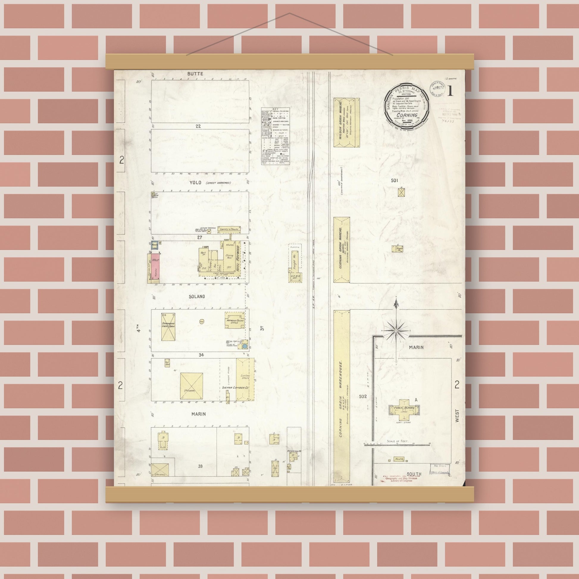 Old map wall art mockup — magnetic wood frame on brick wall — Sanborn Fire Insurance Map from Corning, Tehama County, California (1899) - Complete Map Set