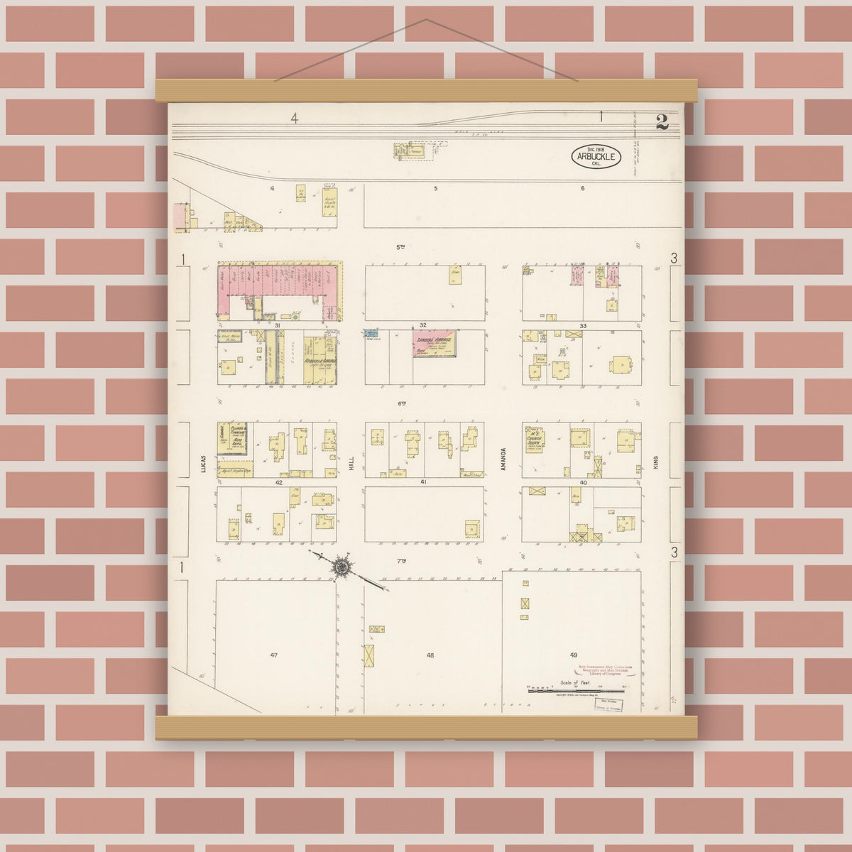 Old map wall art mockup — magnetic wood frame on brick wall — Sanborn Fire Insurance Map from Arbuckle, Colusa County, California (1918), Sheet #0002