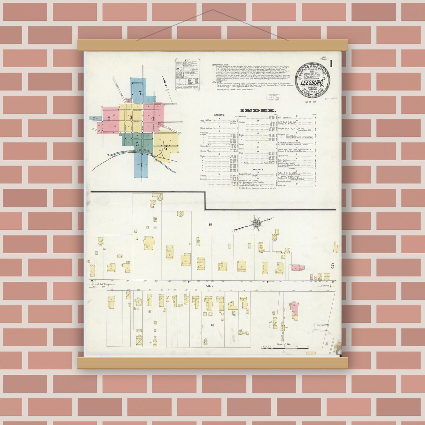 Old map wall art mockup — magnetic wood frame on brick wall — Sanborn Fire Insurance Map from Leesburg, Loudoun County, Virginia (1912), Sheet #0001