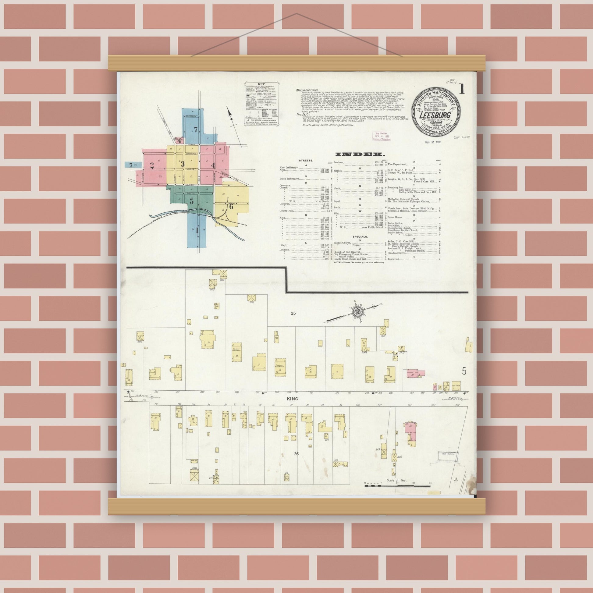 Old map wall art mockup — magnetic wood frame on brick wall — Sanborn Fire Insurance Map from Leesburg, Loudoun County, Virginia (1912), Sheet #0001