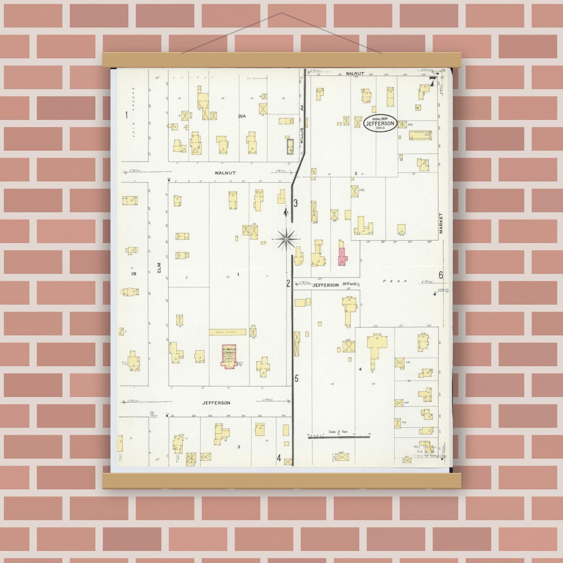 Old map wall art mockup — magnetic wood frame on brick wall — Sanborn Fire Insurance Map from Jefferson, Ashtabula County, Ohio (1909), Sheet #0007