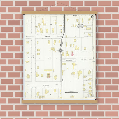 Old map wall art mockup — magnetic wood frame on brick wall — Sanborn Fire Insurance Map from Jefferson, Ashtabula County, Ohio (1909), Sheet #0007