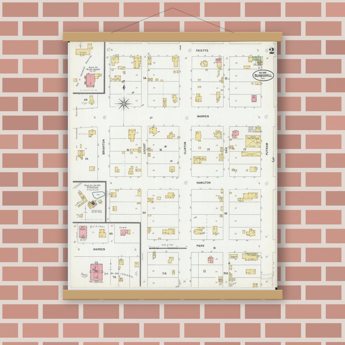 Old map wall art mockup — magnetic wood frame on brick wall — Sanborn Fire Insurance Map from Bunker Hill, Macoupin County, Illinois (1899), Sheet #0002